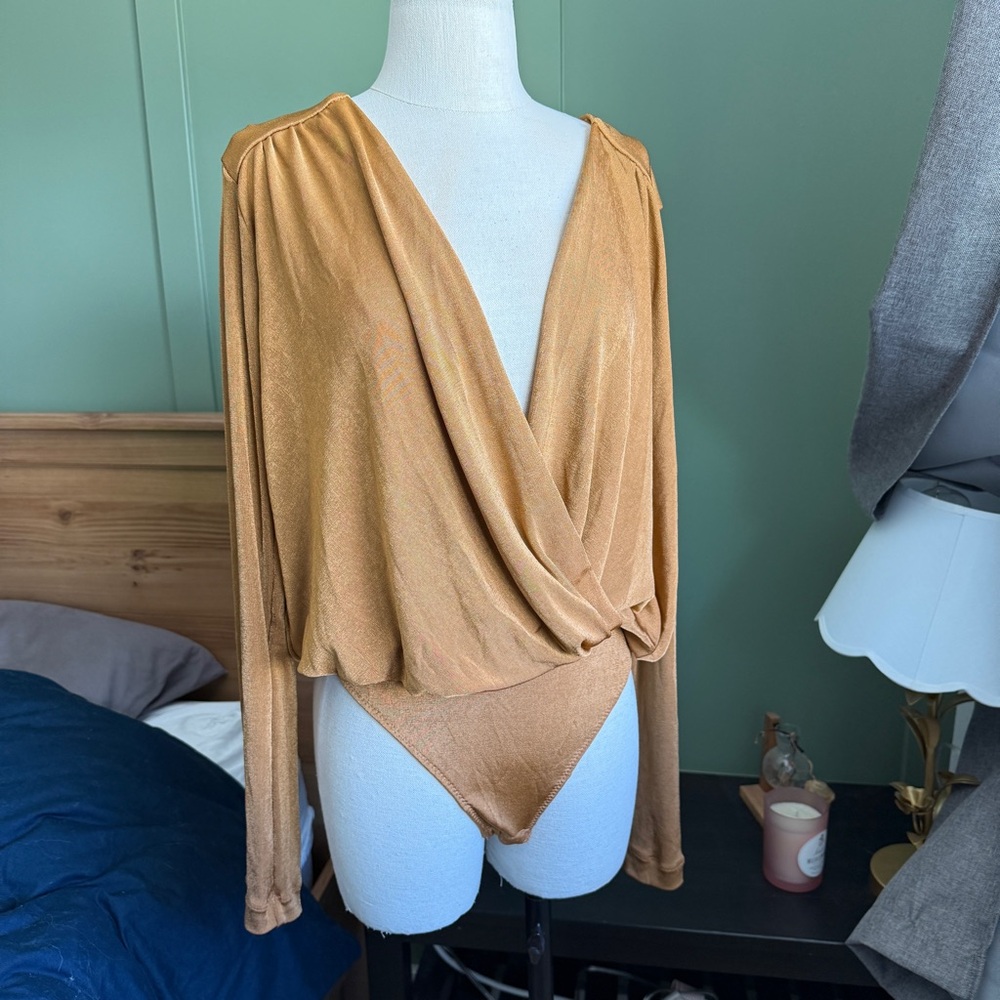 Free People Turnt Bronze ShimmerWrap Bodysuit with Long Sleeves